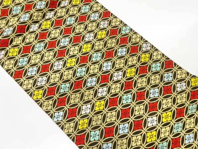 JAPANESE HIRAKI NAGOYA OBI / WOVEN FLOWER & RHOMBUS